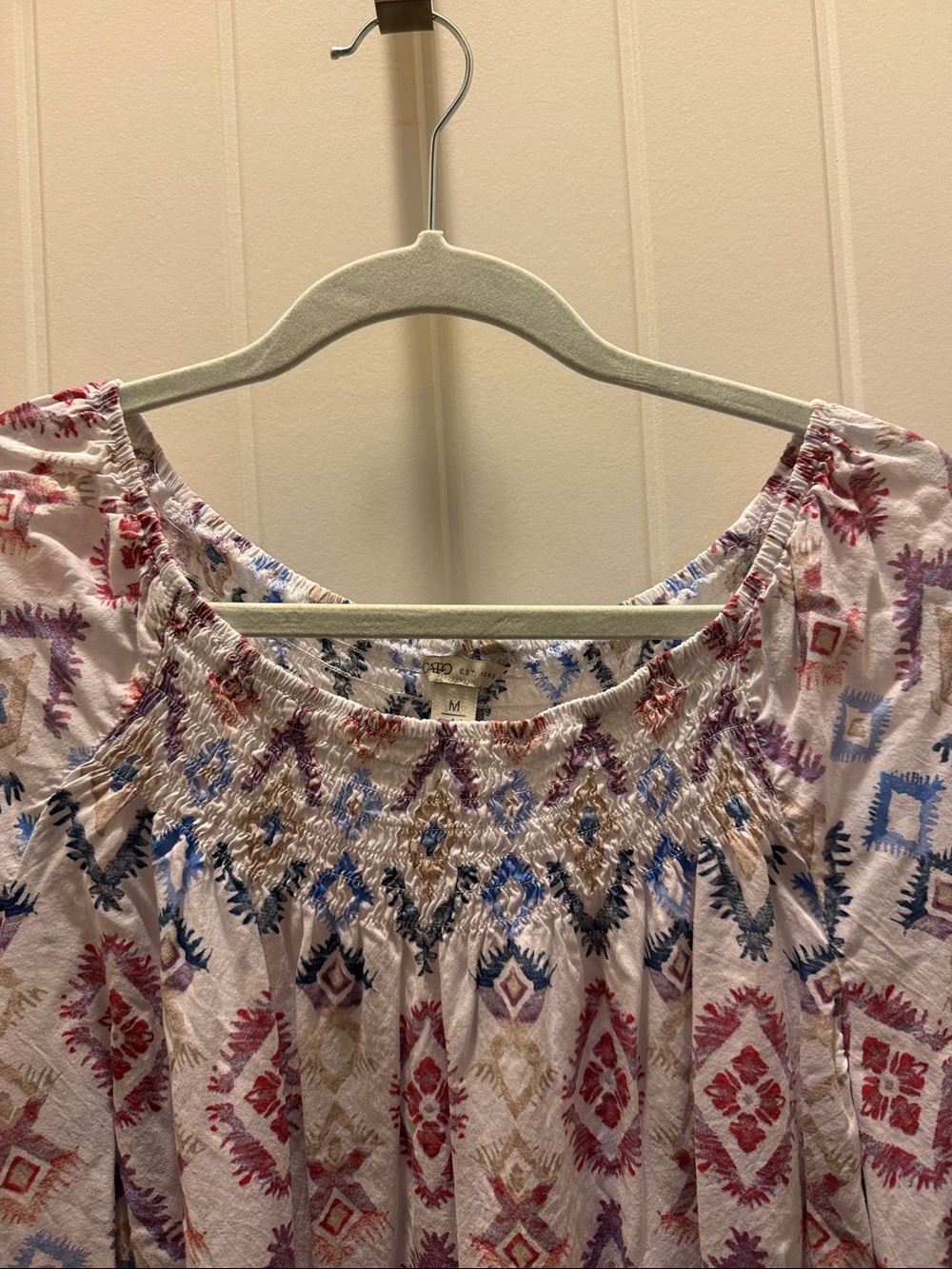 Cato White Boho Smocked-Neck Blouse with Maroon & Blue Pattern (M) - Picture 3 of 8